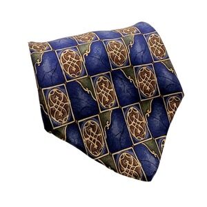 Etienne Aigner Silk Blue and Gold Tie Square Medallion